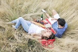 pareja feliz disfrutando de un picnic en el campo en hierba larga foto