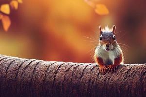 3d illustration of a cute squirrel sitting on a branch in autumn forest photo