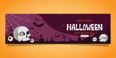 plantilla de venta de banner web para halloween con calavera y globos oculares sobre fondo morado vector