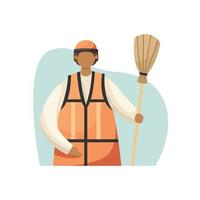 Vector illustration of a street sweeper in a reflective vest with a broom. Profession. Flat style