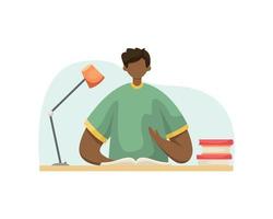 Vector illustration of a student doing homework at a table with books. Profession. Flat style