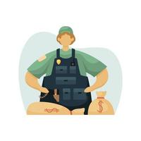 Vector illustration of a collector in a bulletproof vest with bags of money. Profession. Flat style