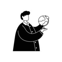 Vector illustration of a geographer with a globe in his hands. Professions. Outline