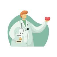 Vector illustration of a cardiologist in a white coat with a heart in his hands. Profession.