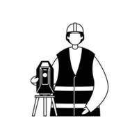 Vector illustration of a surveyor in uniform with a theodolite on a tripod. Professions. Outline