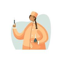 Vector illustration of a nurse with a syringe in her hand and an enema. Profession. Flat style