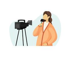 Vector illustration of a female correspondent recording a report on a video camera. Flat style