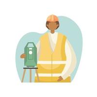 Vector illustration of a surveyor in uniform with a theodolite on a tripod. Professions.