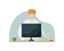 Vector illustration of a male office worker working at a desk with a computer. Flat style