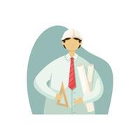 Vector illustration of a male engineer with technical drawings in his hands and wearing a helmet. Flat style