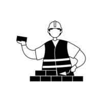 Vector illustration of a male builder in a helmet laying a brick. Outline