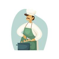 Vector illustration of a male chef cooking food in a saucepan. Flat style
