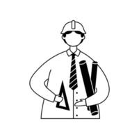 Vector illustration of a male engineer with technical drawings in his hands and wearing a helmet. Outline