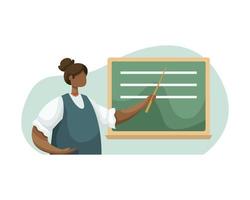 Vector illustration of a female teacher explaining the material at the blackboard. Flat style