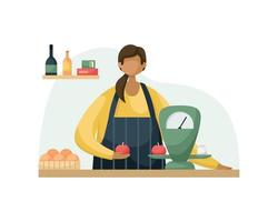 Vector illustration of a saleswoman behind a counter with products and scales. Flat style