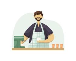 Vector illustration of a male barista with a cup of coffee at the bar. Flat style