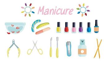Flat set vector of manicure accessories on white background. Illustration of manicurist equipment, nailfile, hand bath, scissors,clipper, nail polish remover, orange stick, pusher, nail polish, tips.