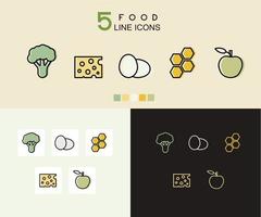 conjunto plano de ilustración de vector de icono de comida sobre fondo blanco, negro y de color. elementos alimentarios saludables y naturales para aplicaciones web y móviles.