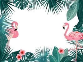 Vector tropical jungle frame with flamingo, palm trees, flowers and leaves on white background