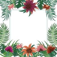 Tropical frame of exotic flowers and palm leaves with copy space for text. For party invitations, wedding cards and sale posters.  Vector illustration. Template design.