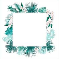 Vector tropical jungle frame with palm trees leaves and flowers