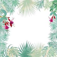 Vector tropical jungle banner, frame with palm trees, flowers and leaves on white background