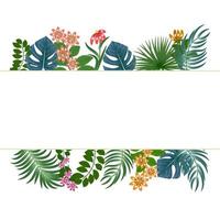 Frame with tropical leaves of palm tree and yellow flowers. Botany vector background, jungle wallpaper.