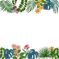 Frame with tropical leaves of palm tree and yellow flowers. Botany vector background, jungle wallpaper.