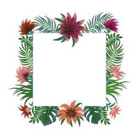 Tropical frame of exotic flowers and palm leaves with copy space for text. For party invitations, wedding cards and sale posters.  Vector illustration. Template design.