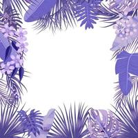 Vector tropical jungle banner, frame with violet palm trees, flowers and leaves on white background