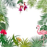 Vector tropical jungle banner, frame with flamingo, palm trees, flowers and leaves on white background