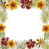 Vector tropical jungle frame with palm tree leaves and flowers on white background