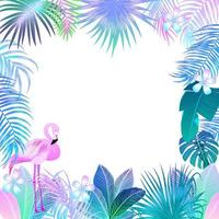 Tropical jungle neon palm leaves frame with flamingo, vector background