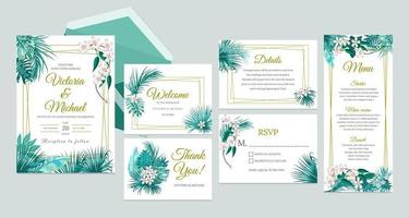 diseño de tarjeta de invitación de boda, invitación floral. conjunto de marco elegante de hojas de selva tropical vector