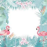 Vector tropical jungle frame with flamingo, palm trees, flowers and leaves on white background