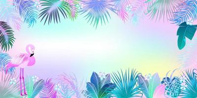 Tropical jungle neon palm leaves frame with flamingo, vector background