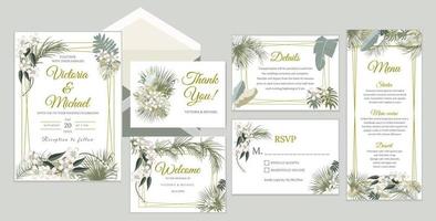 diseño de tarjeta de invitación de boda, invitación floral. la selva tropical deja un marco elegante, plantas de color verde oliva, hojas de palmera. vector