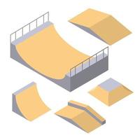 Skatepark elements vector wooden isometric court. Skateboard ramp freestyle bmx skate arena