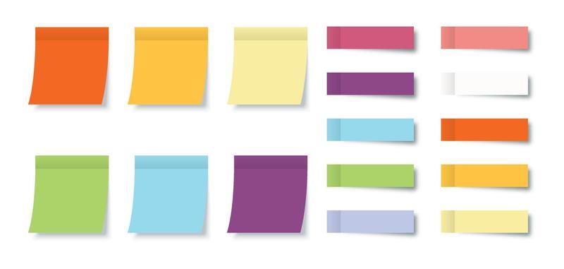 Collection Post Note Stickers with Sticky Notes isolated on white background. Color post note stickers. Eps10