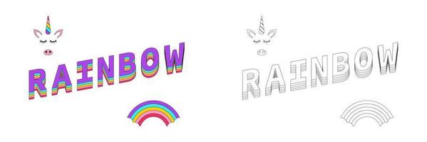 Rainbow Coloring. Rainbow color with Unicorn and text Rainbow. Lines design. Eps10 vector