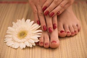 female feet and hands at spa salon photo