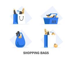 Shopping bags and baskets flat vector illustrations set