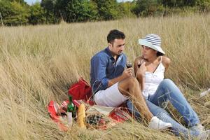 pareja feliz disfrutando de un picnic en el campo en hierba larga foto