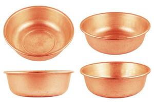 set of different views of used bare copper made empty basin isolated on white background photo