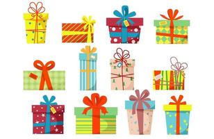 conjunto de cajas de regalo para las vacaciones de año nuevo, navidad y cumpleaños aisladas en un fondo blanco. ilustración vectorial de acciones. vector