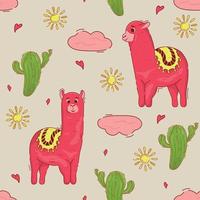 Cute seamless pattern with a lama. Childish pattern with llama, cactus and sun. Pattern for fabric, textile, wrapping paper. Stock vector illustration