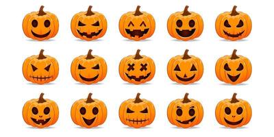 feliz halloween fiesta cara de fantasma calabaza calabaza naranja calabaza halloween con muchas caras de calabaza vector
