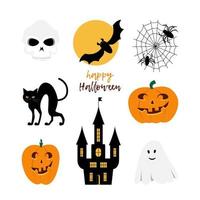 Halloween object vector set of pumpkins, black cat, terrible house, bat on moon, skull, spider on cobweb, happy ghost, for screen or print design