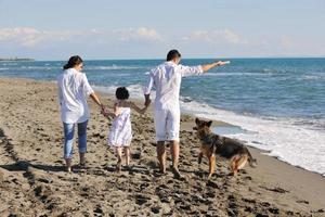 happy family playing with dog on beach photo