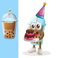 Cute Bubble Tea mascot wearing a birthday hat, holding birthday cake vector